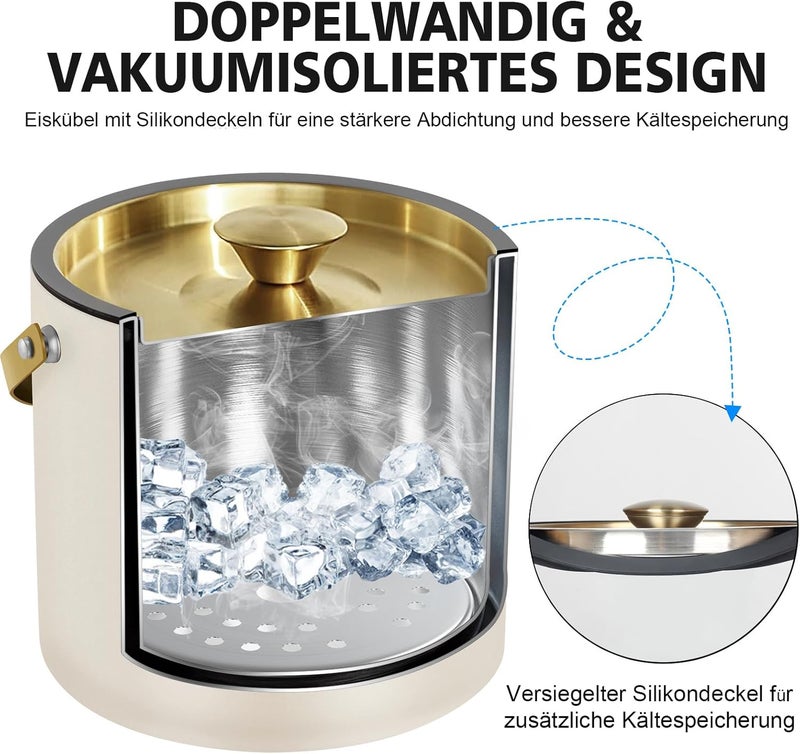 iHoo 3.2L Modern Insulated Ice Bucket with Silicone Lid, Scoop, Strainer, Double Wall Stainless Steel Ice Bucket for Parties & Cocktail Bar,Ideal for Gift(Pearl White) - Image 2